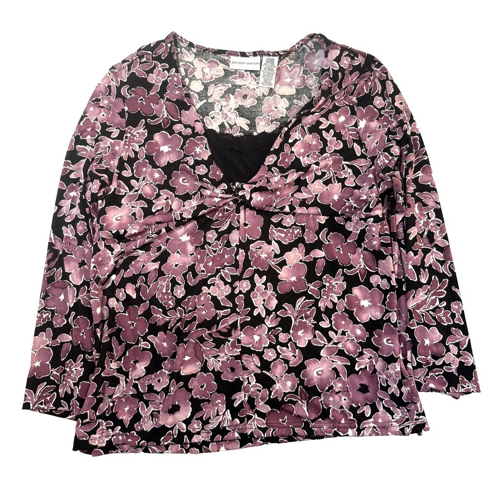 Jaclyn Smith Blouse Womens XL Purple Coquette Floral Stretch Cottagecore Career